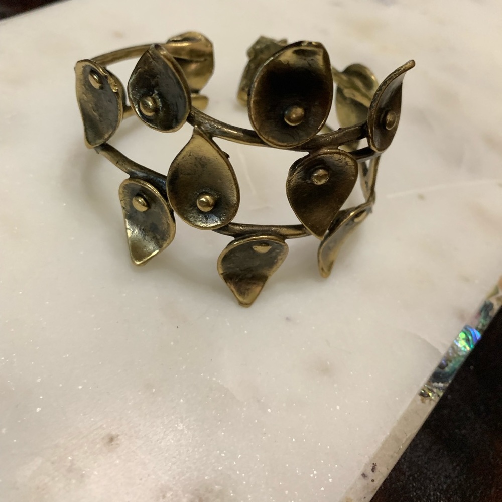 Antique gold abstract leaf cuff bold bracelet